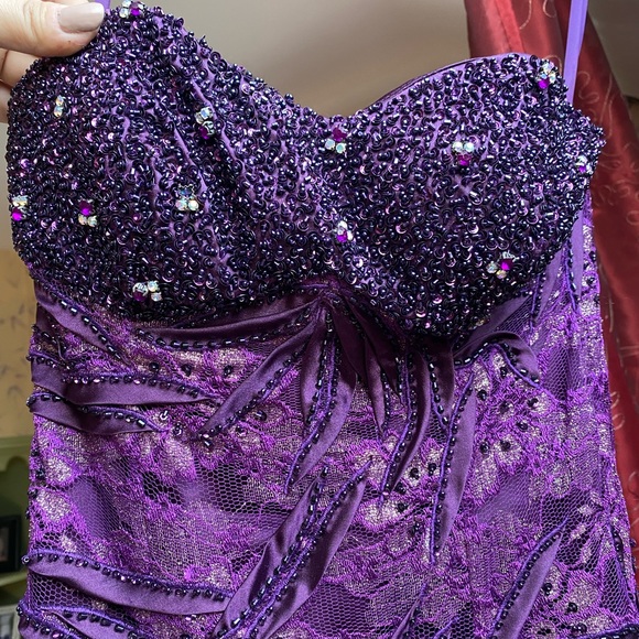 Purple Strapless Mermaid Prom Dress, Lace + Jeweled Detailing - Picture 3 of 6